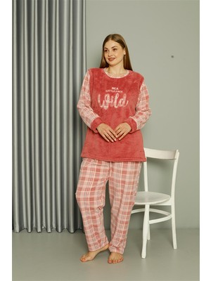 Modi Moda Çizgi Welsoft Polar Kadın Büyük Beden Pudra Pijama Takımı 808040