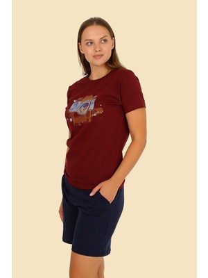 Modi Moda Çizgi Kadın Şortlu Kısa Kol Penye Pijama Takım Bordo 3622