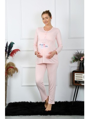 Modi Moda Çizgi Kadın Uzun Kol Hamile Lohusa Pijama Takımı Pudra 45501