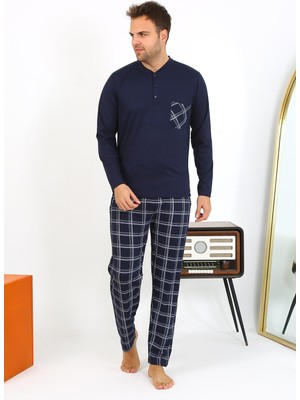 Modi Moda Çizgi Erkek Uzun Kol Penye Lacivert Pijama Takımı 6861