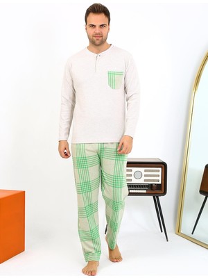 Modi Moda Çizgi Erkek Uzun Kol Penye Krem Pijama Takımı 6861