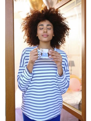 Modi Moda Çizgi Kadın Uzun Kol 3 Iplik Penye Pijama Takım 4185