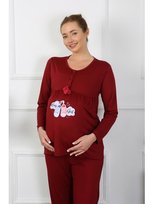Modi Moda Çizgi Kadın Uzun Kol Hamile Lohusa Pijama Takımı Bordo 45501