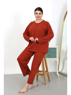 Modi Moda Çizgi Kadın Büyük Beden Uzun Kol Penye Pijama Takımı Kiremit 202501