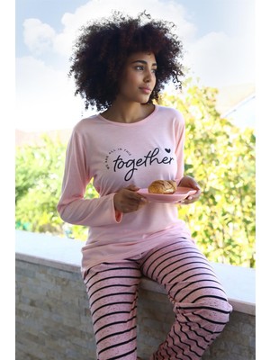Modi Moda Çizgi Kadın Penye Uzun Kol Pijama Takım 4190