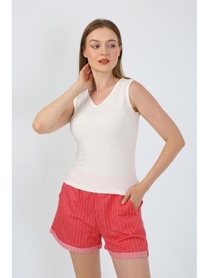 Modi Moda Çizgi Kadın Kalın Askılı Şortlu Pijama Takım Ekru 3632