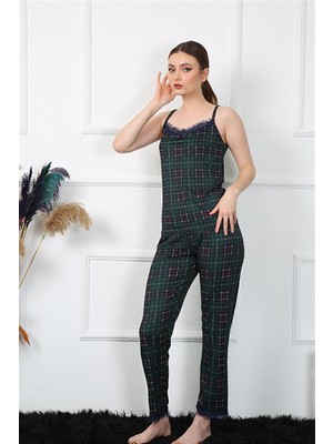 Modi Moda Çizgi Kadın Ip Askılı Yeşil Ekoseli Pijama Takım 4135
