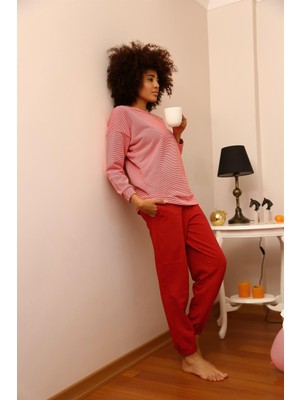 Modi Moda Çizgi Kadın Uzun Kol 3 Iplik Penye Pijama Takım 4184
