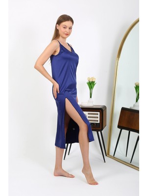 Modi Moda Çizgi Yırtmaçlı Uzun Saten Gecelik Lacivert 7410