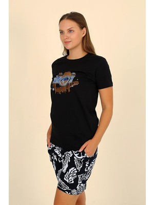 Modi Moda Çizgi Kadın Şortlu Kısa Kol Penye Pijama Takım Siyah 3622
