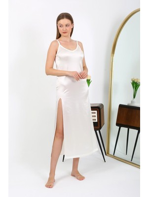 Modi Moda Çizgi Yırtmaçlı Uzun Saten Gecelik Ekru 7410