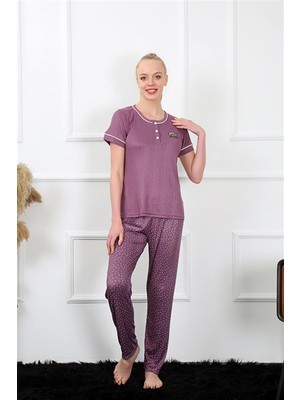 Modi Moda Çizgi Kadın Mürdüm Kısa Kol Pijama Takım 20388