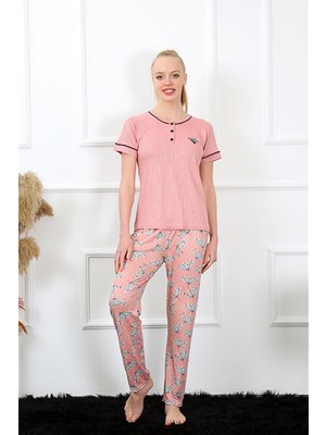 Modi Moda Çizgi Kadın Gül Kurusu Kısa Kol Pijama Takım 20388