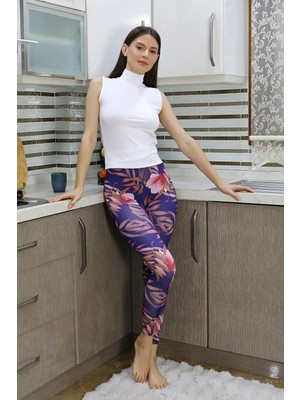 Modi Moda Çizgi Kadın Micro Desenli Tayt Mor 5920