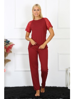 Modi Moda Çizgi Kadın Kolu Dantelli Penye Pijama Takım 4152