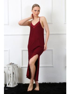 Modi Moda Çizgi Kadın Ip Askılı Bordo Uzun Gecelik 901