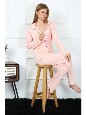 Modi Moda Çizgi Kadın Penye Uzun Kol Önden Düğmeli Pijama Takım 2778