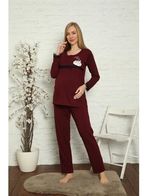 Modi Moda Çizgi Kadın Hamile Lohusa Bordo Pijama Takımı 45201