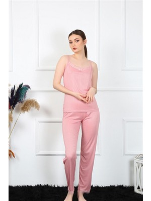 Modi Moda Çizgi Kadın Ip Askılı Somon Pijama Takım 4136
