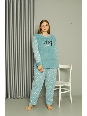 Modi Moda Çizgi Welsoft Polar Kadın Büyük Beden Su Yeşili Pijama Takımı 808046