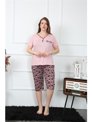 Modi Moda Çizgi Kadın Büyük Beden Viscon Kapri Pijama Takım 202202