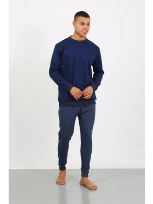 Modi Moda Çizgi Erkek Uzun Kol Manşetli Paça Penye Pijama Takımı 6870 Lacivert