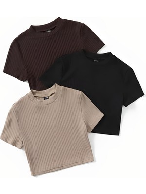 Öz Pamuk Kadın 3 Lü Adet Fitilli %100 Pamuklu Bisiklet Yaka Örme Kaşkorse Crop T-shirt