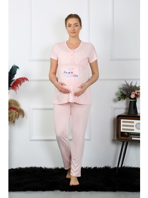 Modi Moda Çizgi Kadın Kısa Kol Hamile Lohusa Pijama Takımı Pudra 45210