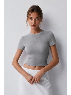 Öz Pamuk Kadın 3 Lü Adet Fitilli %100 Pamuklu Bisiklet Yaka Örme Kaşkorse Crop T-shirt