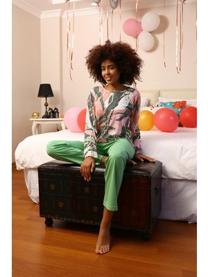 Modi Moda Çizgi Kadın Uzun Kol Penye Pijama Takım 4201