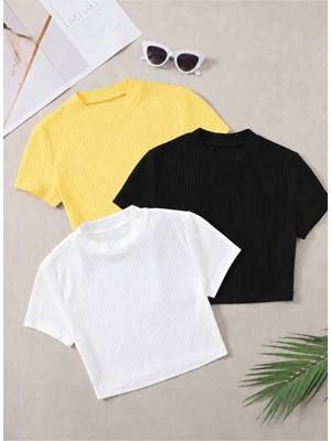 Öz Pamuk Kadın 3 Lü Adet Fitilli %100 Pamuklu Bisiklet Yaka Örme Kaşkorse Crop T-shirt