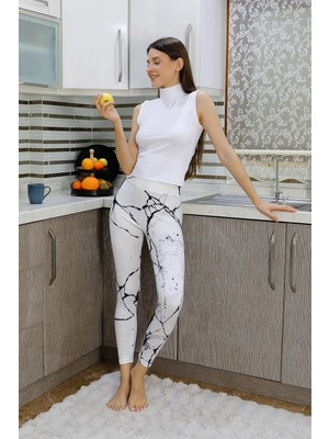Modi Moda Çizgi Kadın Micro Desenli Tayt Beyaz 5920