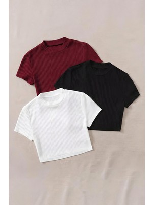 Öz Pamuk Kadın 3 Lü Adet Fitilli %100 Pamuklu Bisiklet Yaka Örme Kaşkorse Crop T-shirt