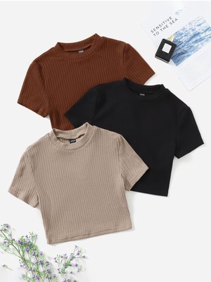 Öz Pamuk Kadın 3 Lü Adet Fitilli %100 Pamuklu Bisiklet Yaka Örme Kaşkorse Crop T-shirt