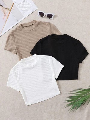 Öz Pamuk Kadın 3 Lü Adet Fitilli %100 Pamuklu Bisiklet Yaka Örme Kaşkorse Crop T-shirt