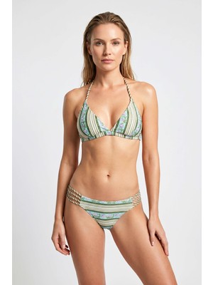Obje Kadın Yeşil Çizgili Çiçek Desenli Üçgen Bikini Takım