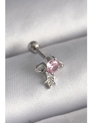 Ototechparca 316L Çelik Gümüş Renk Pembe Zirkon Taşlı Sallantı Yıldız Detay Tragus Piercing