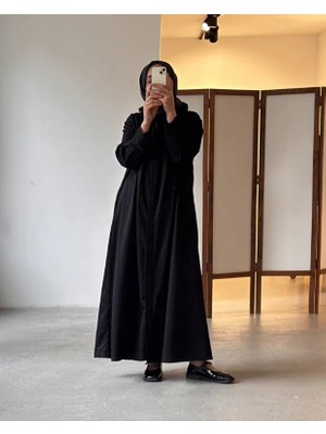 Pamuk Saten Gömlek Elbise Siyah Renk