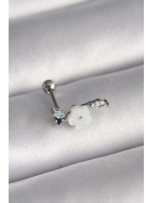 Ototechparca 316L Çelik Gümüş Renk Zirkon Taş Detay Beyaz Çiçek Model Tragus Piercing