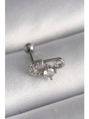 Ototechparca 316L Çelik Gümüş Renk Zirkon Taşlı Toplu Iğne Tragus Piercing