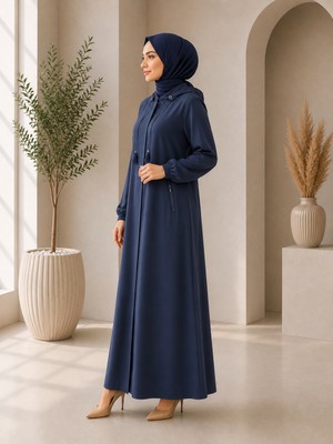 Bidesing Dia Store Premium Kapüşonlu Ferace – Modern Kesim Lacivert Tesettür Dış Giyim