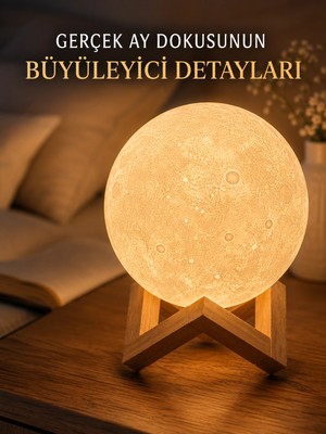 Ototechparca 3D Ay Gece Lambası Ahşap Standlı Dekoratif LED Masa Lambası