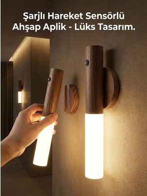 Ototechparca Kablosuz Şarjlı LED Ahşap Renk Lüks Aplik Hareket Sensörlü Günışığı Duvar Lambası