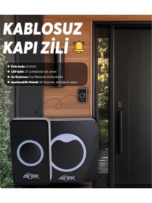 Ototechparca Siyah Kablosuz Su Geçirmez Kapı Zili