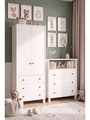 Robin Home Lena Bebek Çocuk Odası Takımı Yüksek Şifonyer 3 Çekmece Raflı + Gardrop Gardırop Elbise Dolabı Beyaz