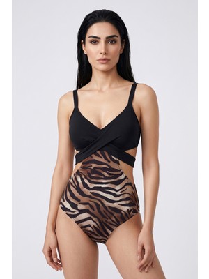 Obje Kadın Siyah Zebra Desen Mayokini