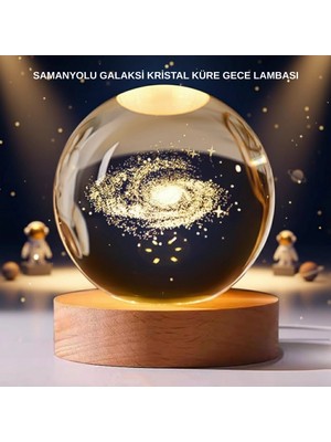 Ototechparca Samanyolu Desenli Kristal Küre Ahşap Standlı Gün Işığı LED Masa Lambası