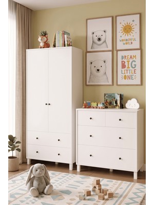 Robin Home Lena Bebek Çocuk Odası Takımı Geniş Şifonyer 4 Çekmeceli + Gardrop Gardırop Elbise Dolabı Beyaz