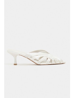 Nişantaşı Shoes Rosie Sedef Metalik Burnu Açık Detay Kafesli Kadın Topuklu Terlik