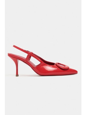 Nişantaşı Shoes Nereid Kırmızı Rugan Aksesuarlı Sivri Burun Arkası Açık Ince Topuklu Kadın Ayakkabı